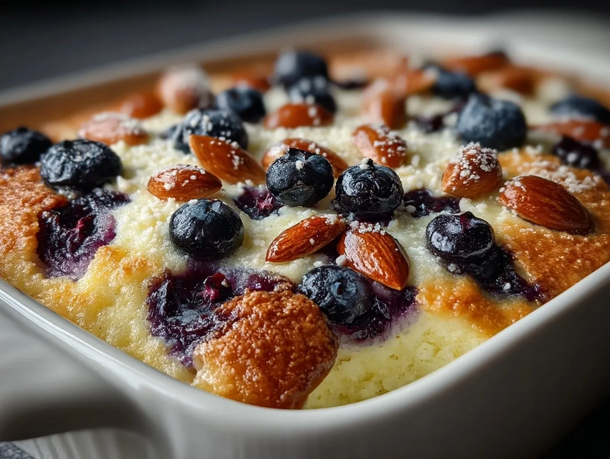 Served Lemon Blueberry Cheesecake Dump Cake with garnishes