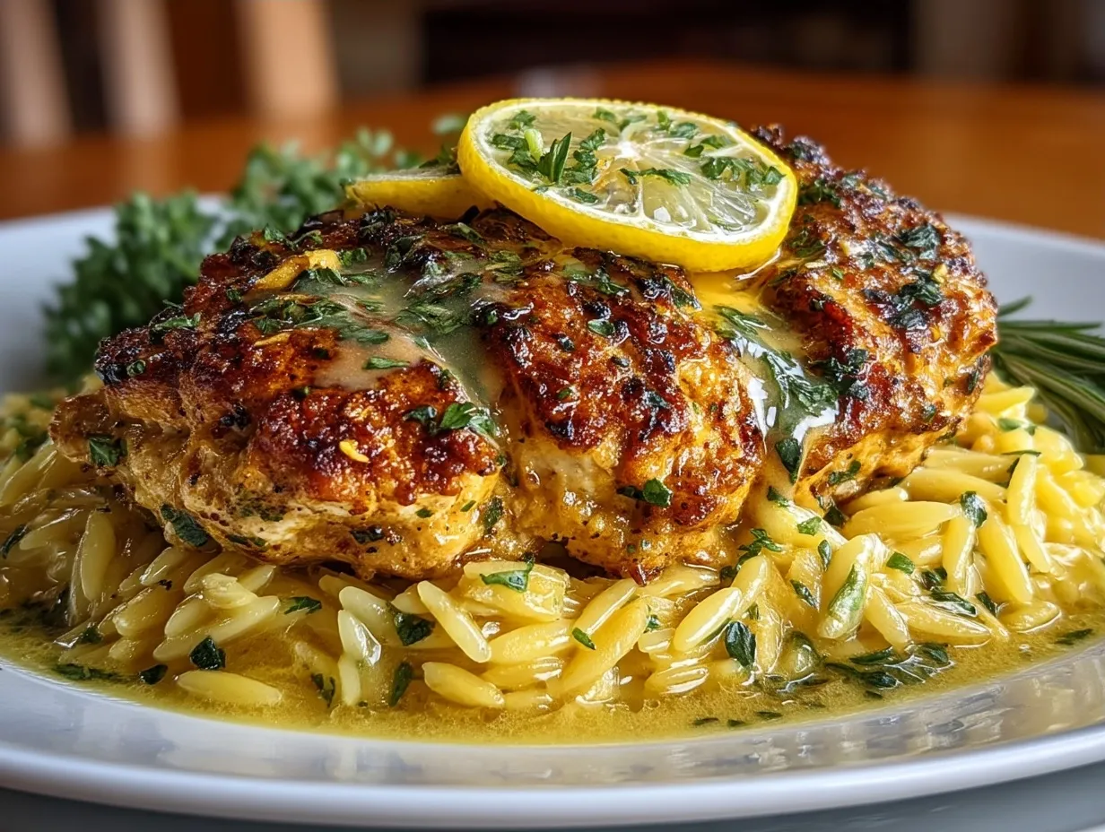 Served Lemon Chicken and Orzo garnished with parsley
