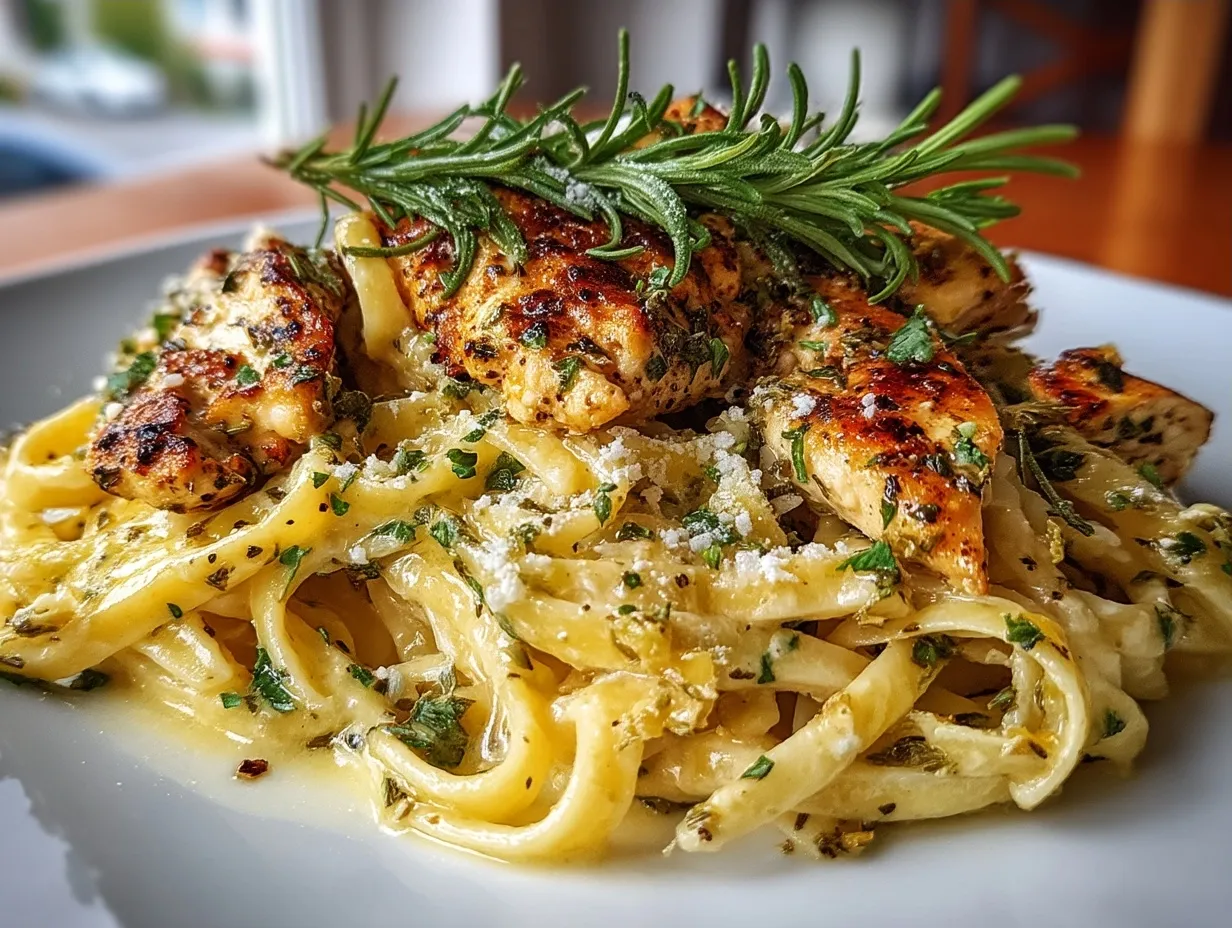 Lemon Pepper Chicken Pasta served and garnished with fresh herbs