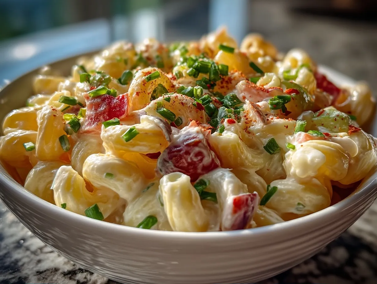 Serving suggestion of macaroni salad in a bowl garnished with parsley