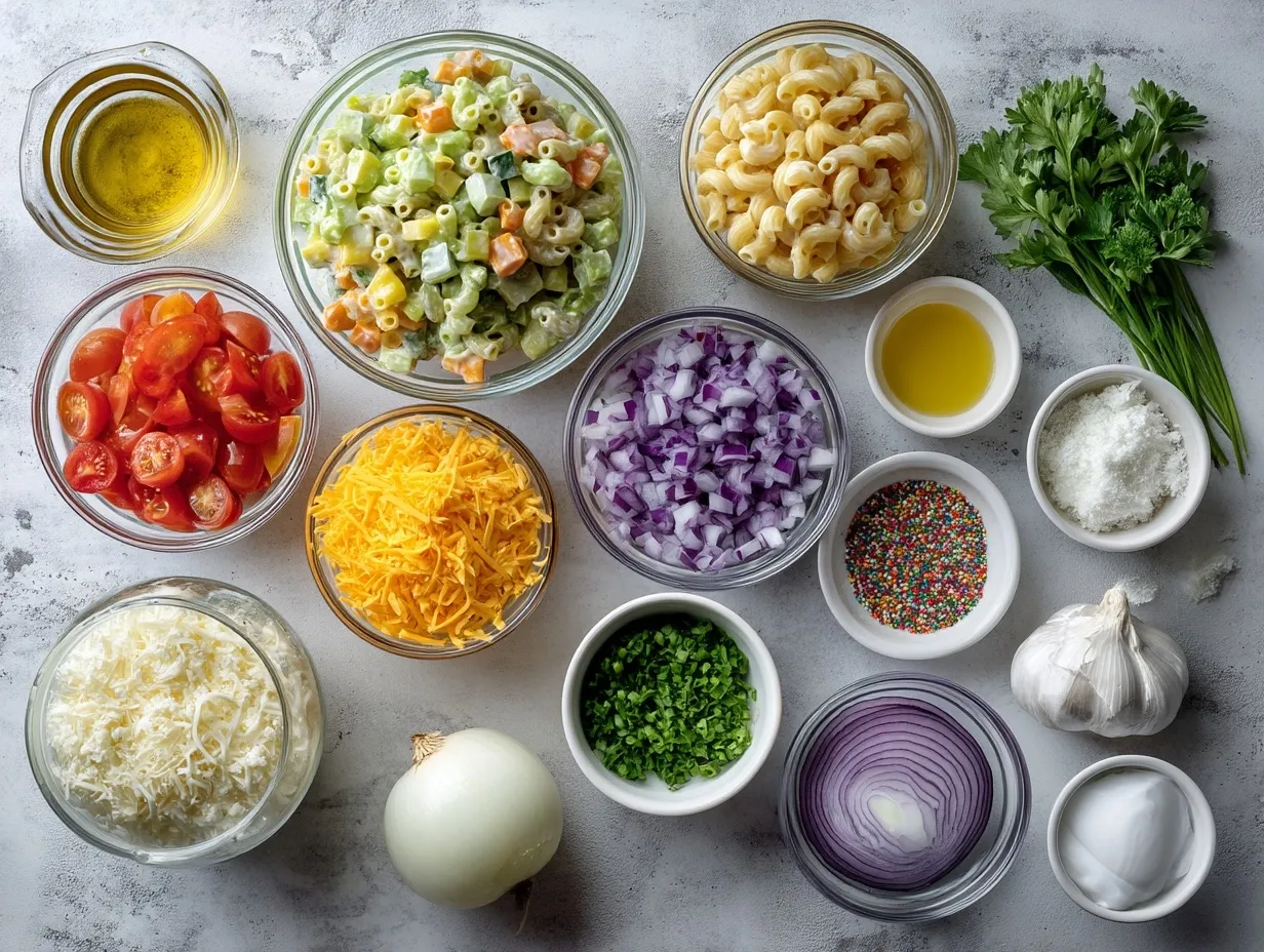 Ingredients for the best macaroni salad laid out