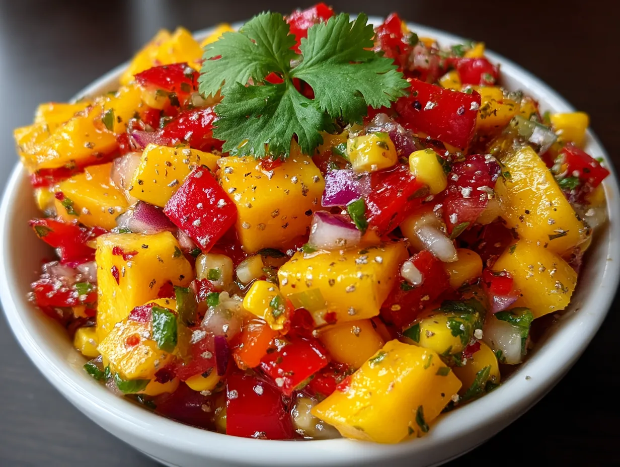 Colorful bowl of mango corn salsa served with tortilla chips