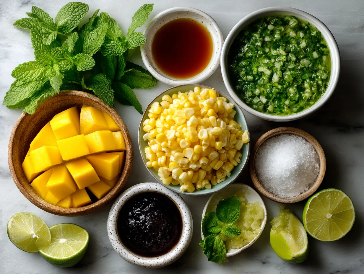Fresh ingredients for mango corn salsa: diced mangoes, corn, red bell pepper, onion, and cilantro
