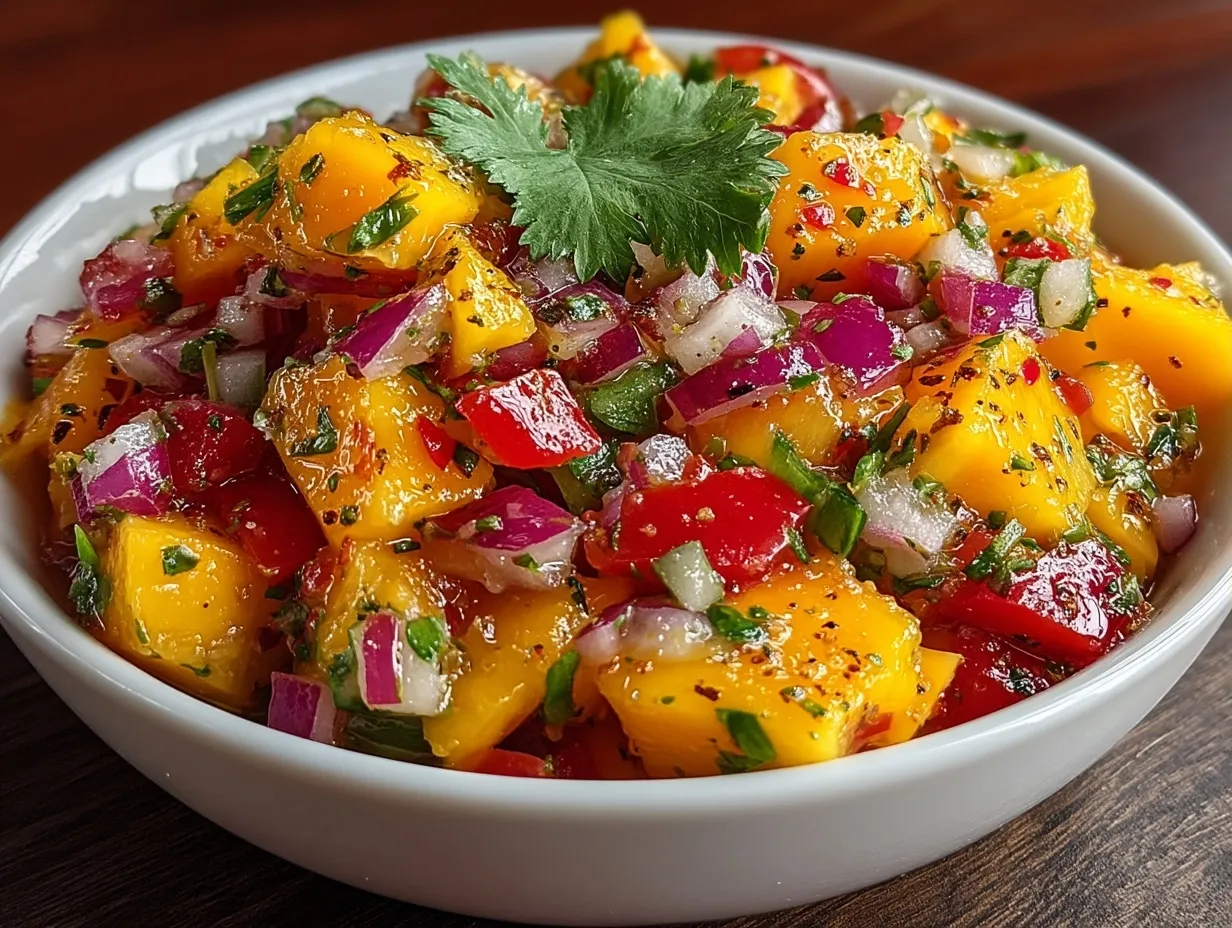 Serving bowl of vibrant mango salsa with colorful ingredients