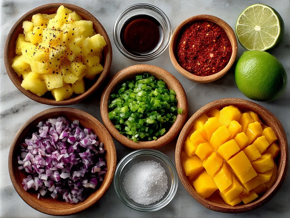 Fresh ingredients for making mango salsa including diced mango, red bell peppers, jalapeños, cilantro, and lime