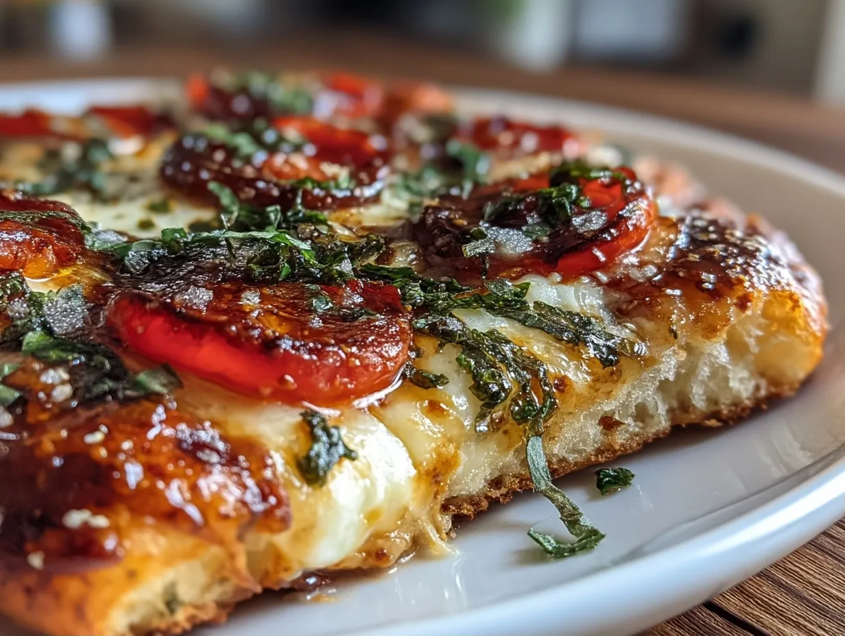 Margherita Grilled Pizza served on wooden board with fresh basil garnish