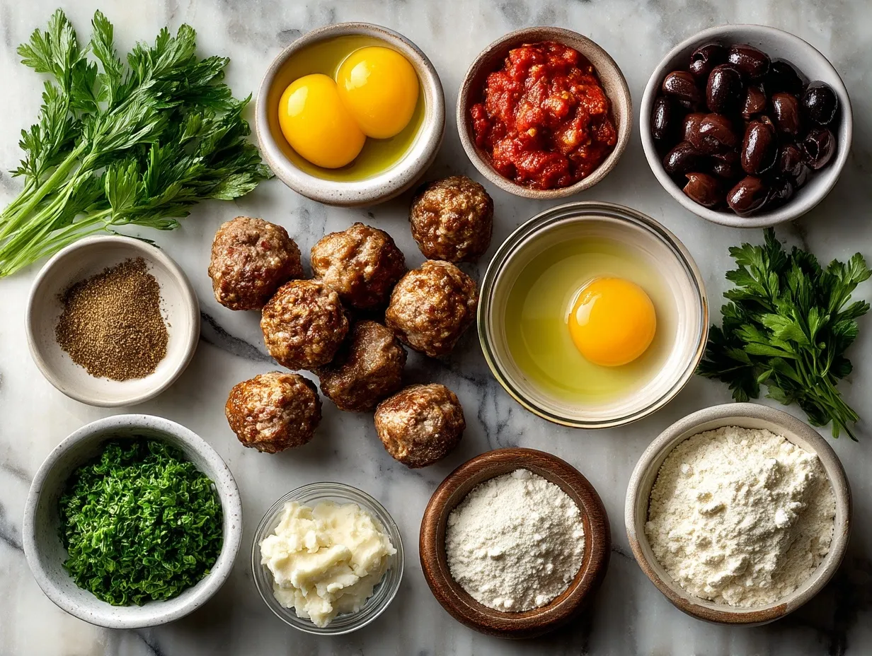 Ingredients for making perfect meatballs including ground beef, pork, breadcrumbs, milk, egg, garlic, onion, Parmesan, parsley, and spices