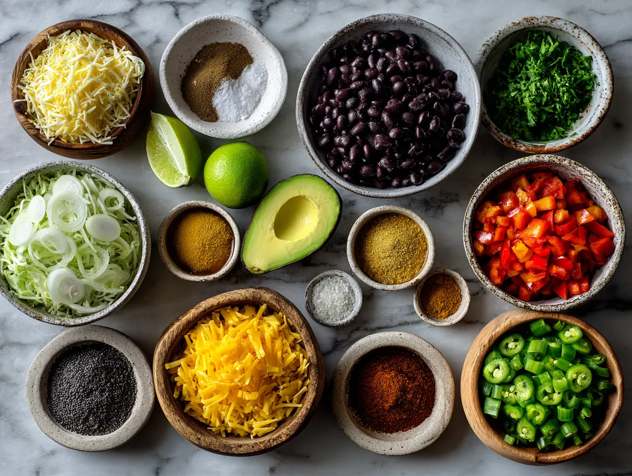 Ingredients laid out for Mexican pasta salad including pasta, bell peppers, black beans, corn, and spices
