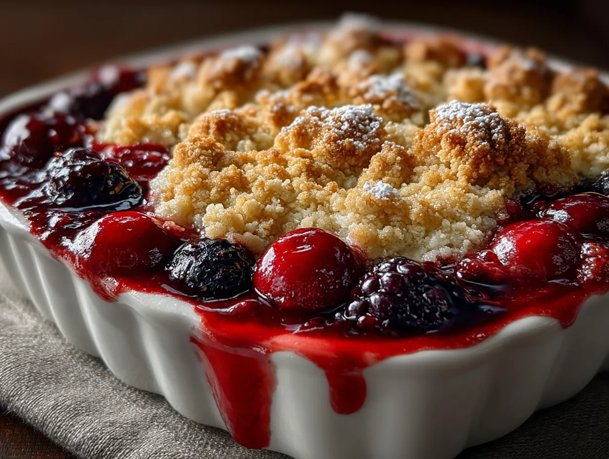 Serving a warm Mixed Berry Crisp dessert garnished with ice cream and fresh berries
