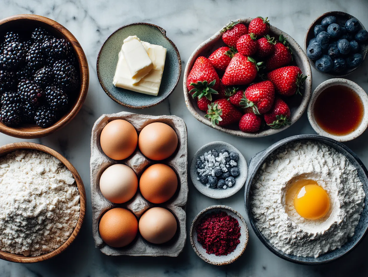 Ingredients for Mixed Berry Crisp including fresh berries, oats, flour, butter, and spices