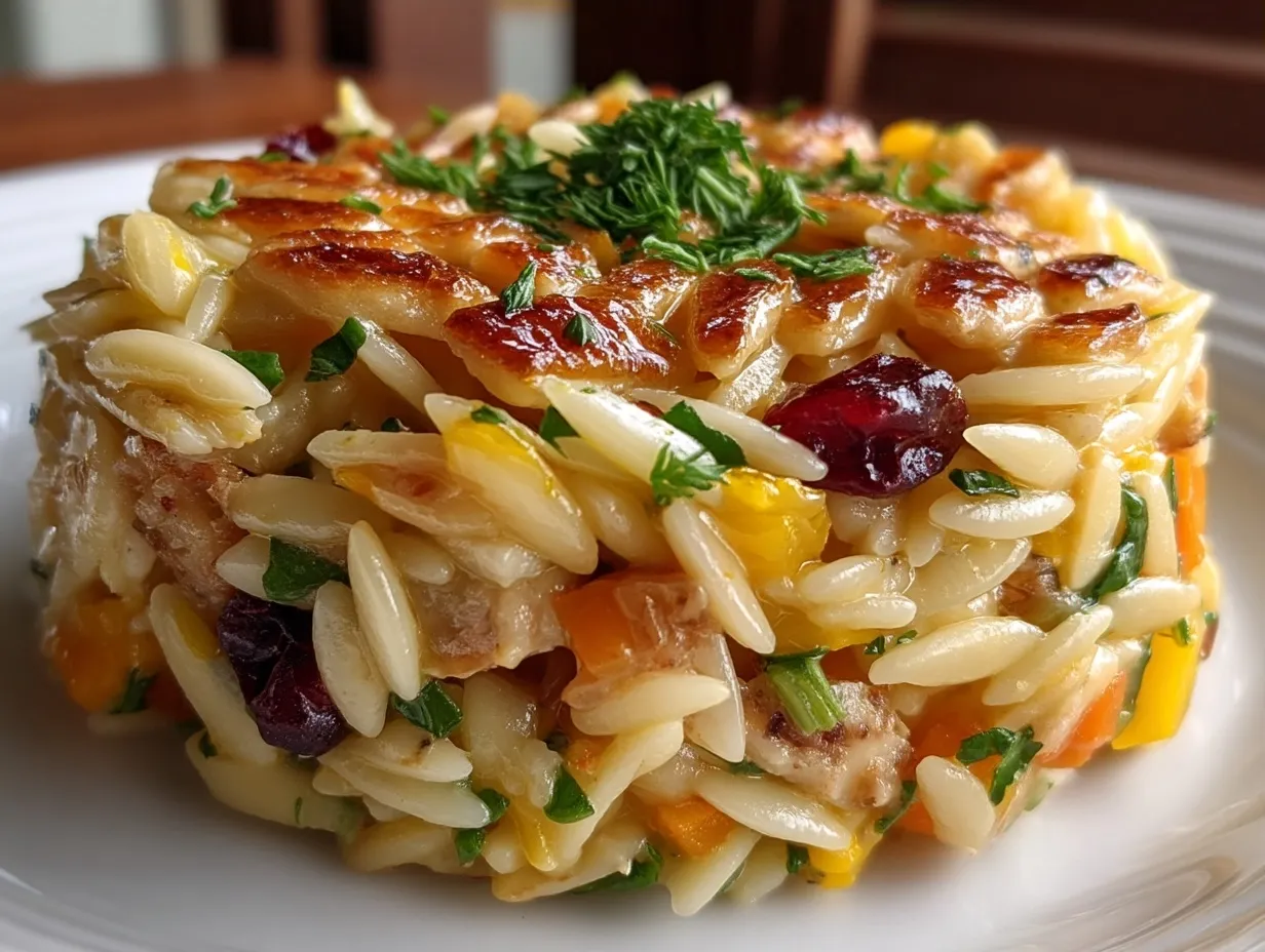 Serving bowl of Orzo Pasta Salad garnished with fresh herbs and lemon wedge