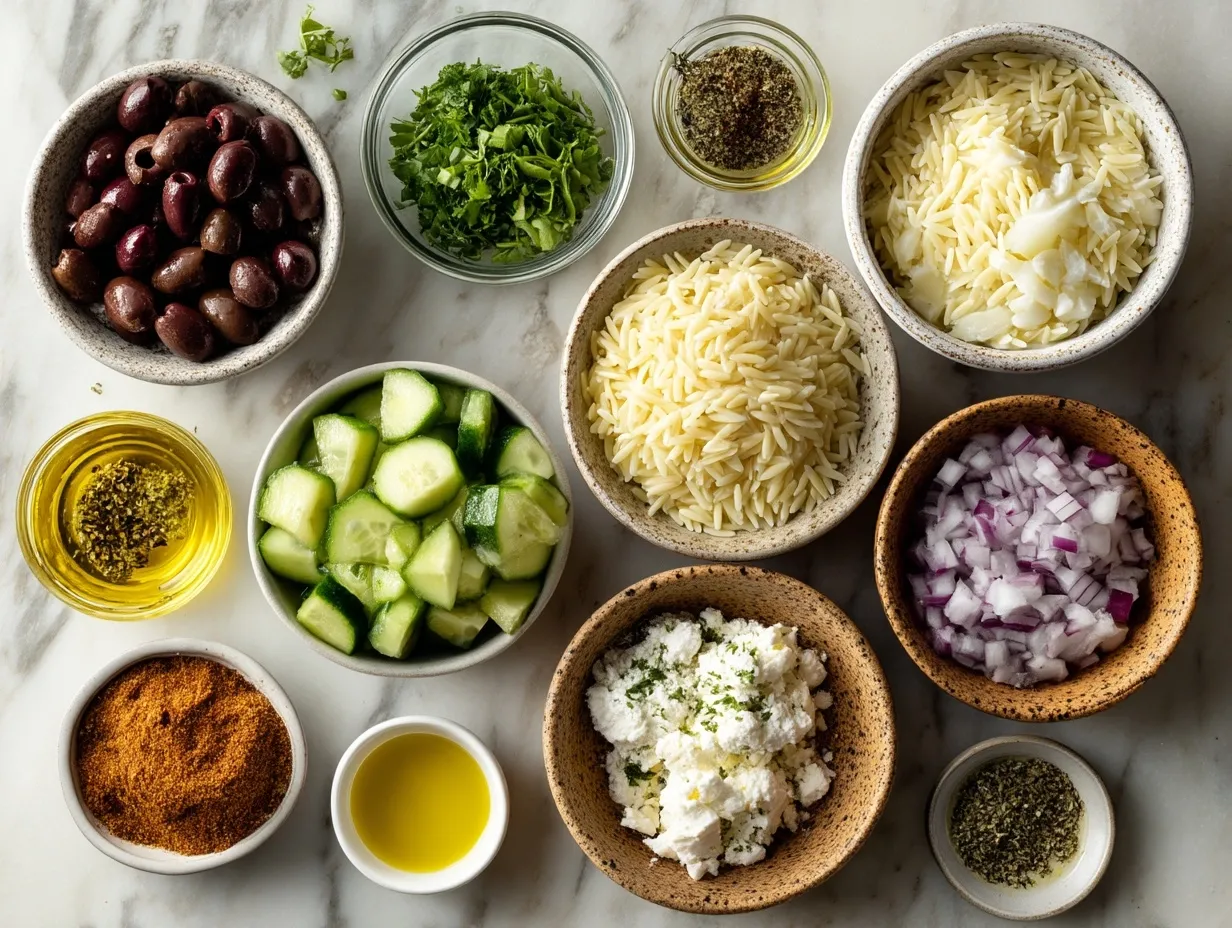 Ingredients laid out for Orzo Pasta Salad including orzo pasta, cherry tomatoes, cucumbers, olives, feta, and herbs