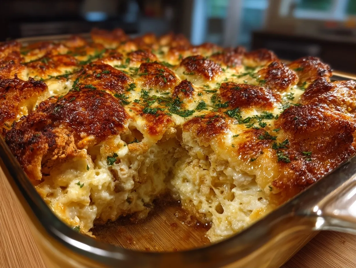 Serving Parmesan Chicken Casserole garnished and ready to enjoy