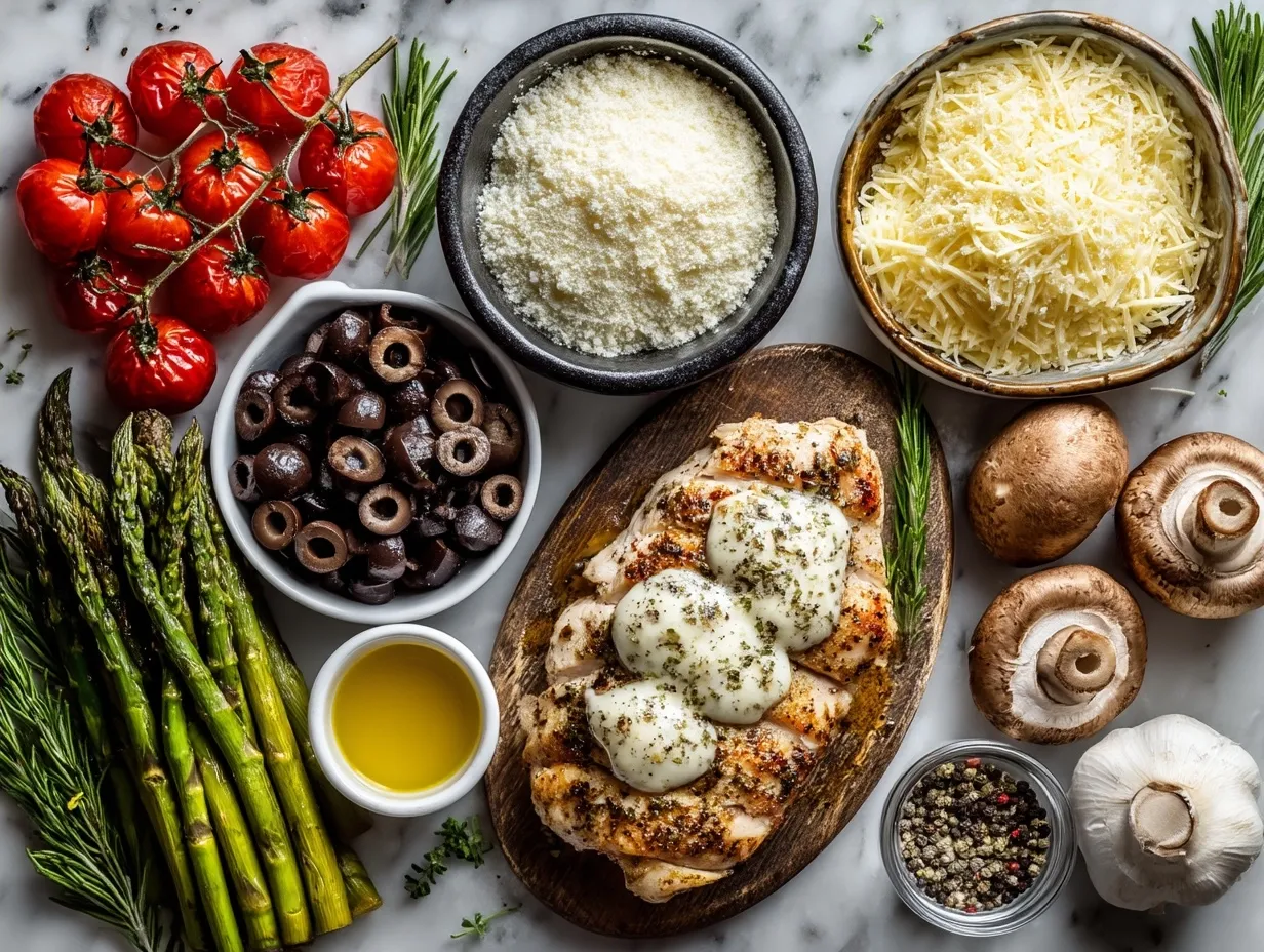 Ingredients for Parmesan Chicken Casserole including shredded chicken, cheeses, mayonnaise and herbs