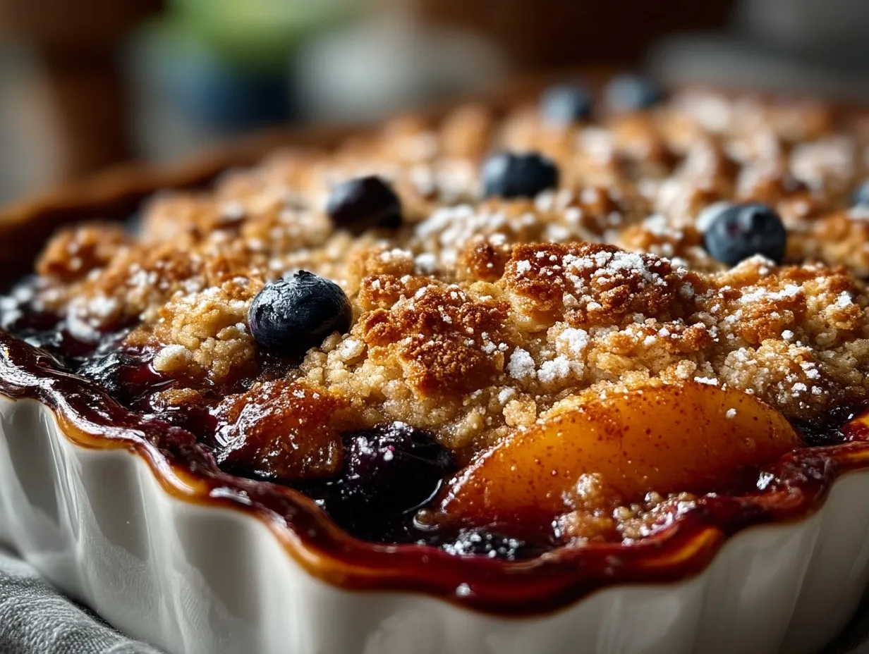 Serving of Peach Blueberry Crisp topped with ice cream and fresh mint