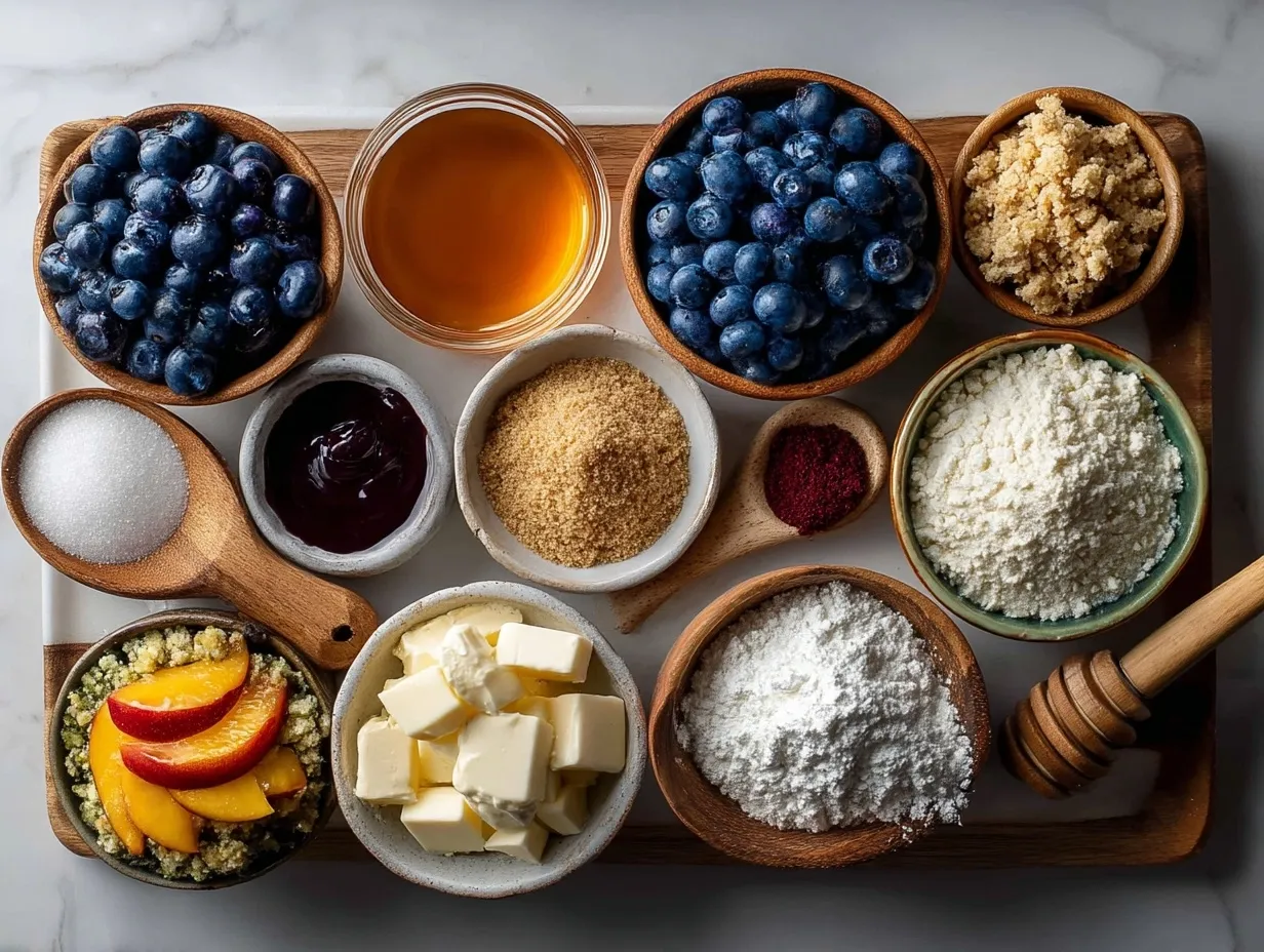Ingredients for Peach Blueberry Crisp including fresh peaches, blueberries, oats, and butter