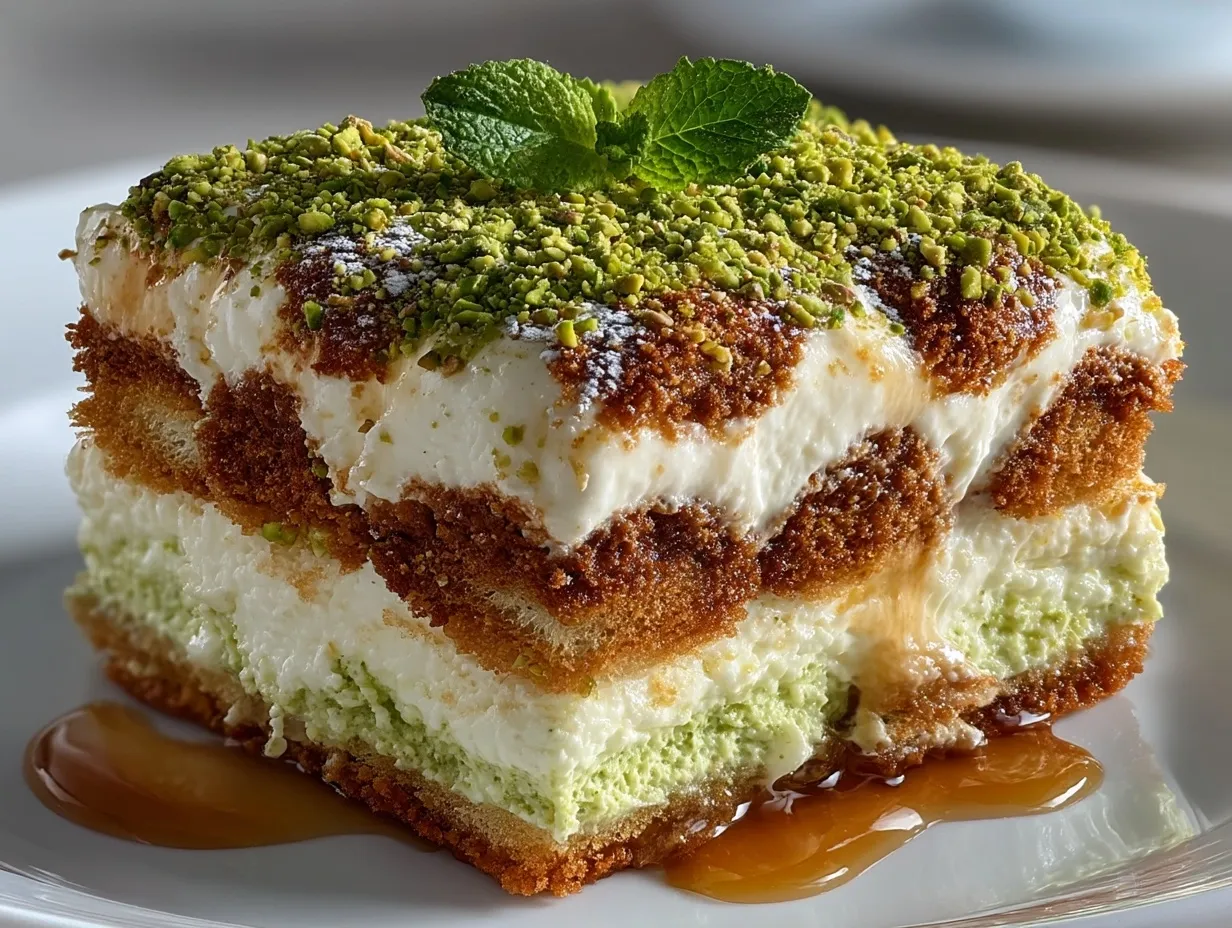 Beautifully presented Pistachio Cream Tiramisu with pistachio garnish
