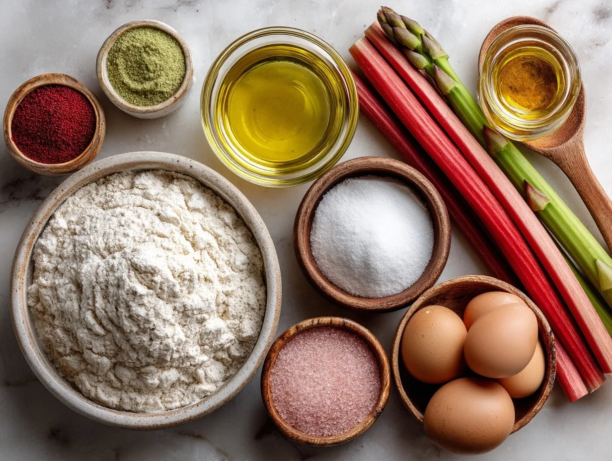 Ingredients for moist rhubarb bread laid out on a table