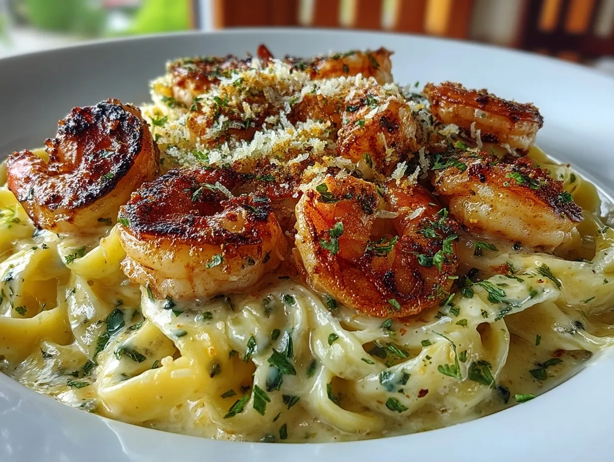 Creamy shrimp Alfredo served with parsley garnish on a plate
