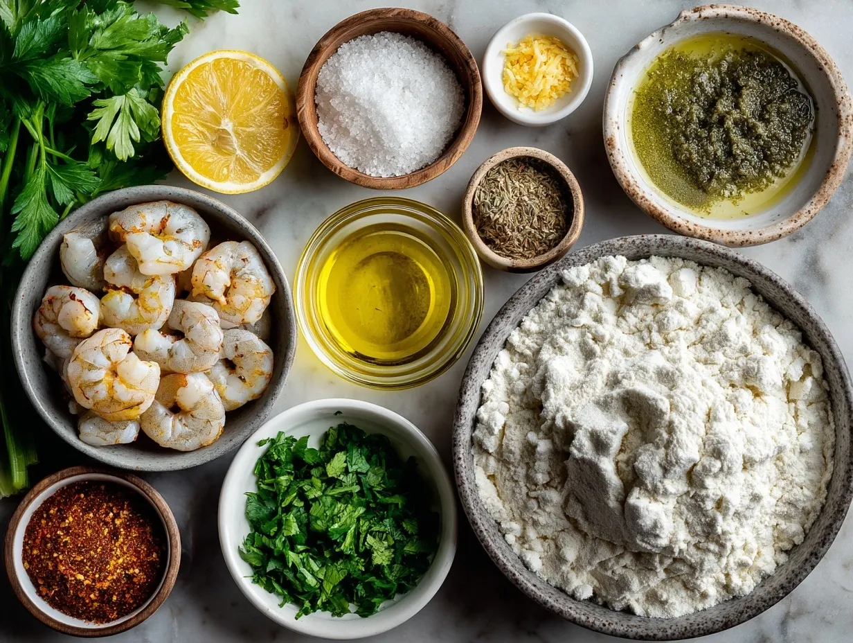 Ingredients for Shrimp Alfredo laid out on a kitchen counter
