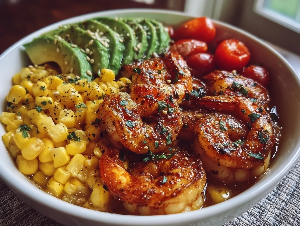 Beautifully arranged Shrimp Bowl with Avocado and Corn ready to serve