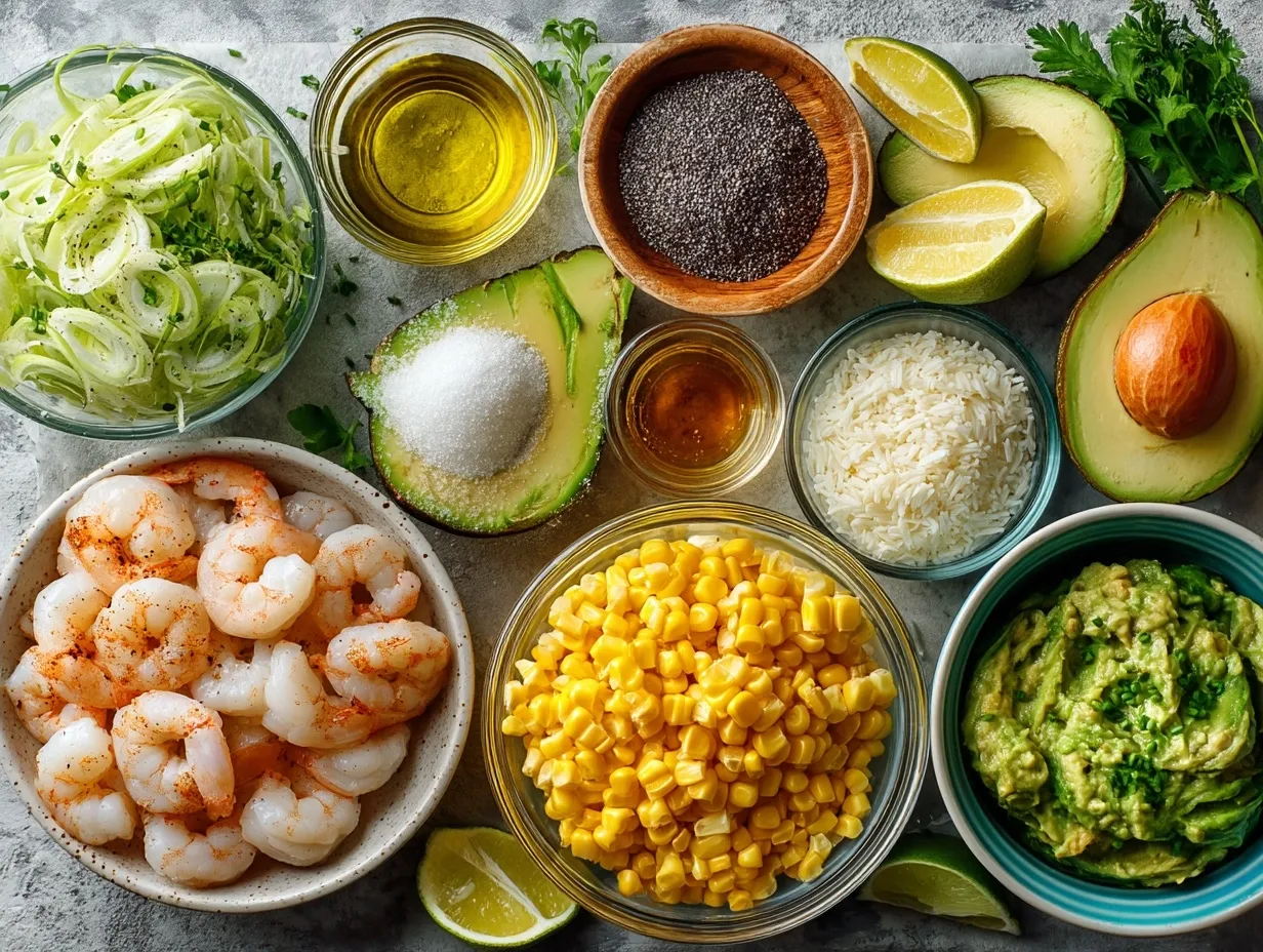 Ingredients for Shrimp Bowl with Avocado and Corn displayed on a kitchen surface