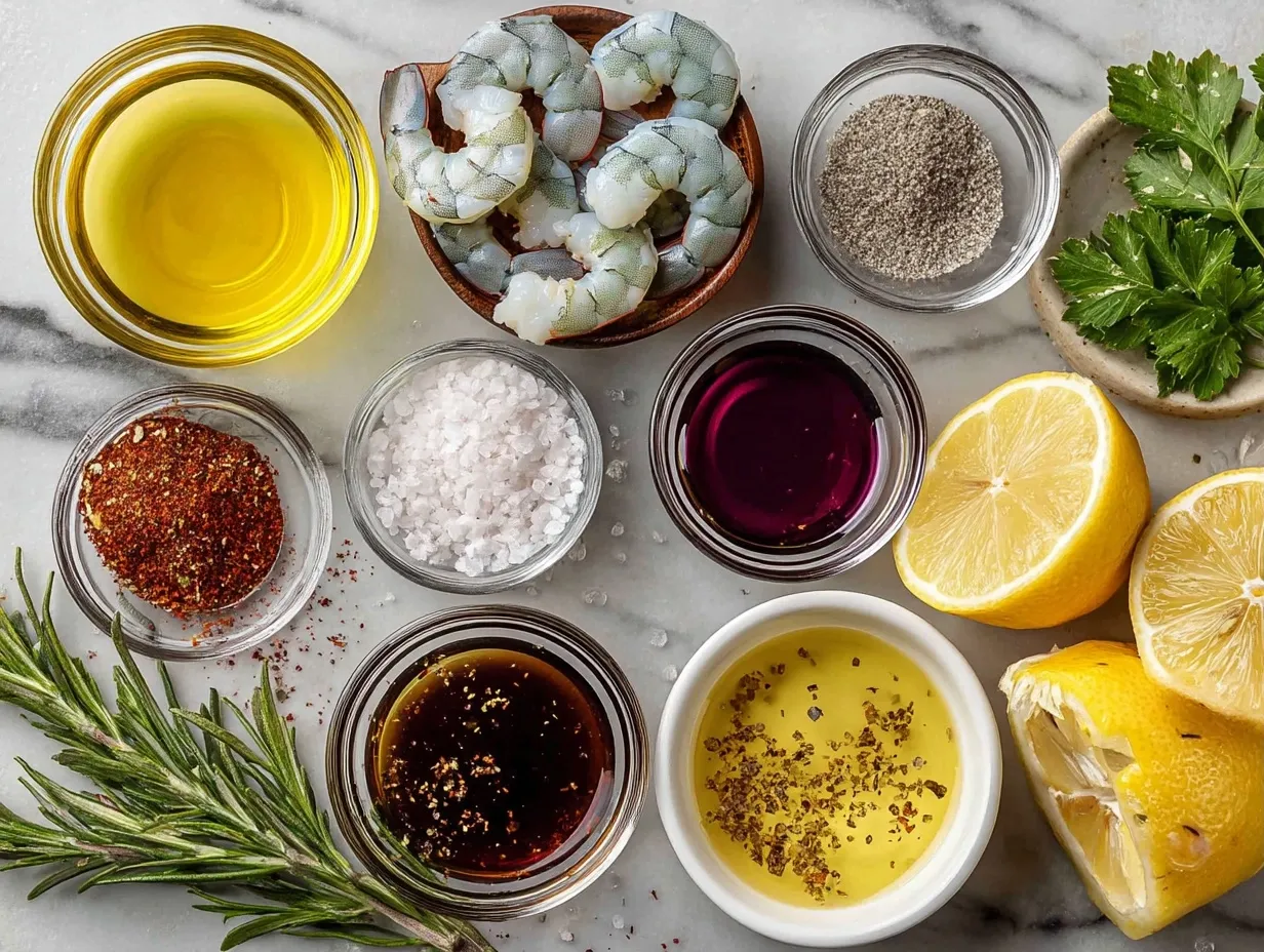 Ingredients for shrimp marinade including shrimp, olive oil, lemon juice, garlic, paprika, red pepper flakes, honey, salt, and pepper