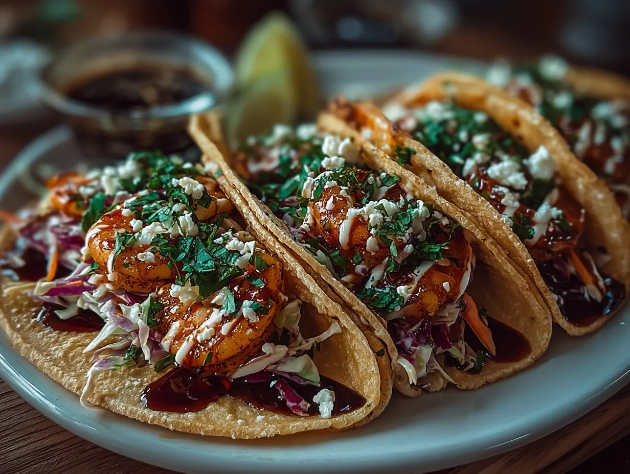 Plated shrimp tacos with slaw served with lime wedges and garnishes