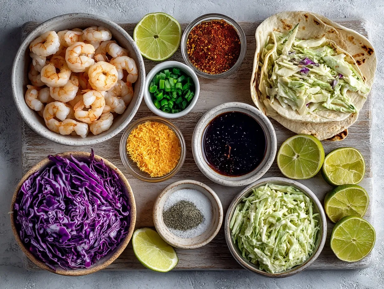 Ingredients laid out for shrimp tacos with slaw including shrimp, spices, tortillas, and vegetables