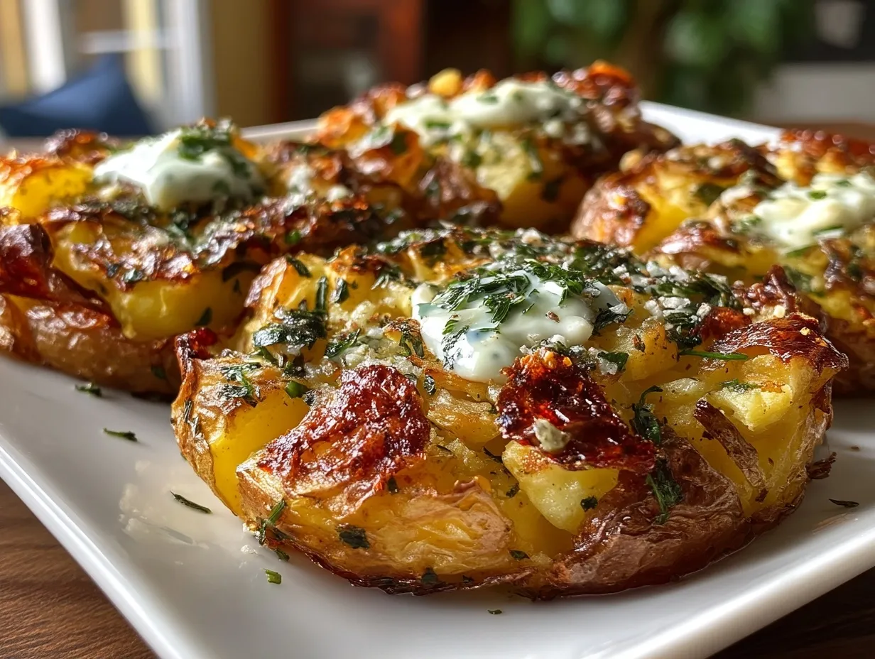Served crispy smashed potatoes with fresh garlic aioli and herbs