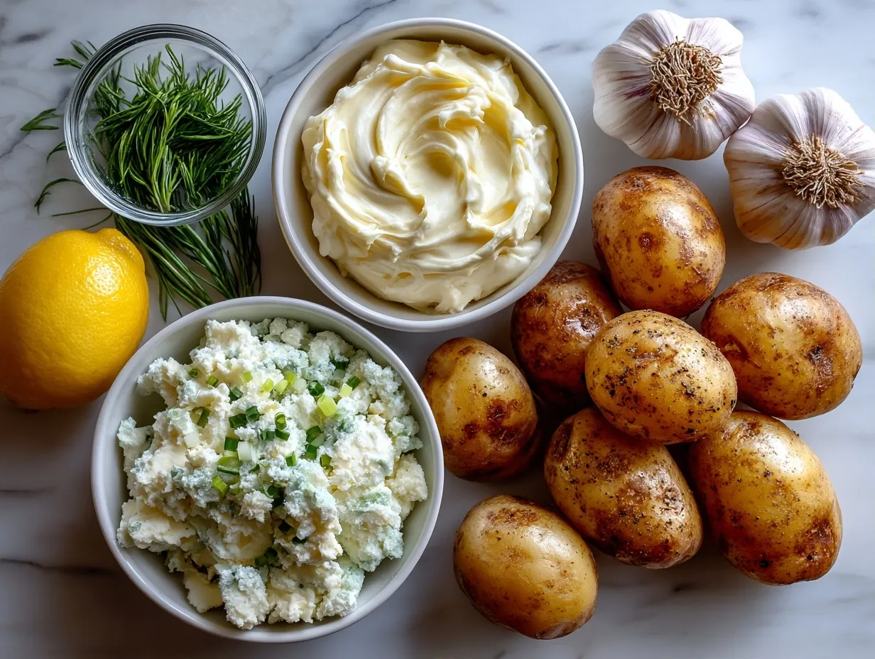 Ingredients for crispy smashed potatoes with garlic aioli sauce
