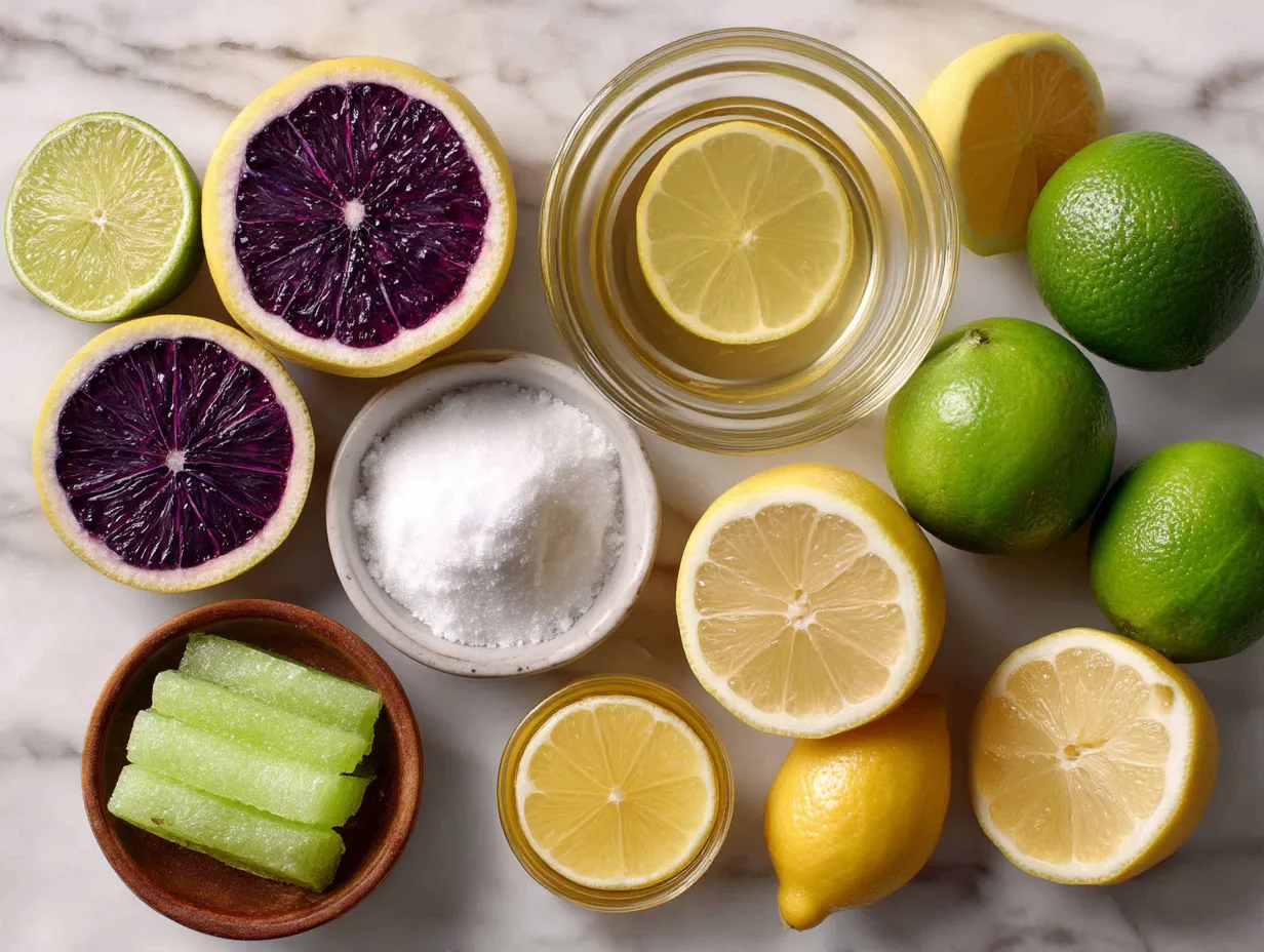 Ingredients for Sparkling Lemonade Punch including lemons, oranges, sparkling water, and mint leaves