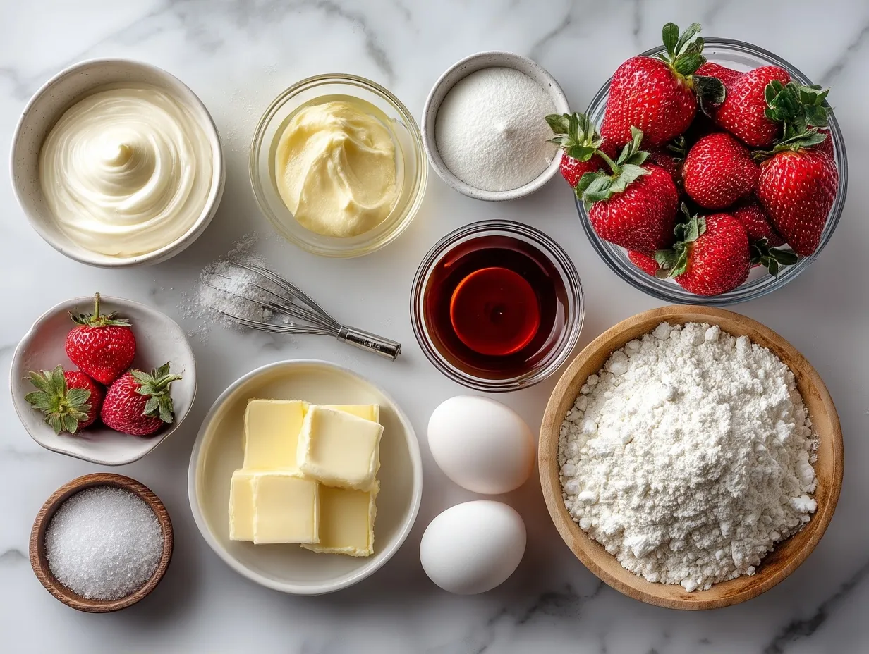 Ingredients for Strawberry Cheesecake Mousse laid out on a kitchen table
