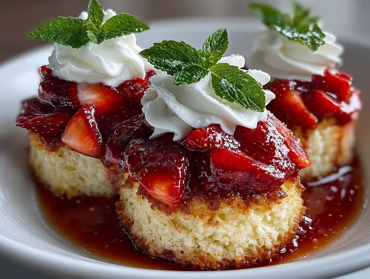 Beautifully layered strawberry shortcake cups served in clear glasses with whipped cream and fresh strawberries