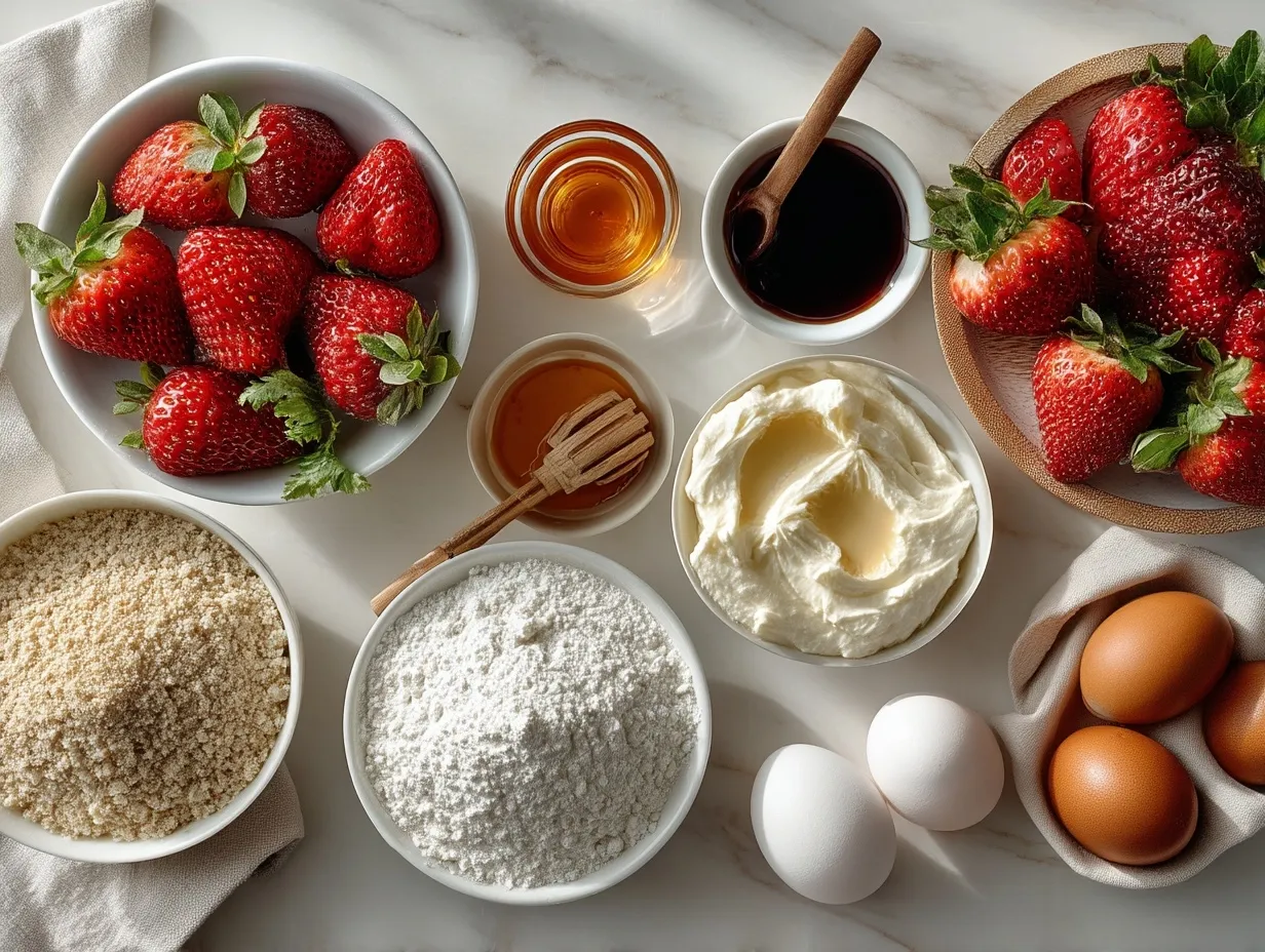 Ingredients for making strawberry shortcake cups including fresh strawberries, sugar, shortcake cubes, heavy cream, and vanilla
