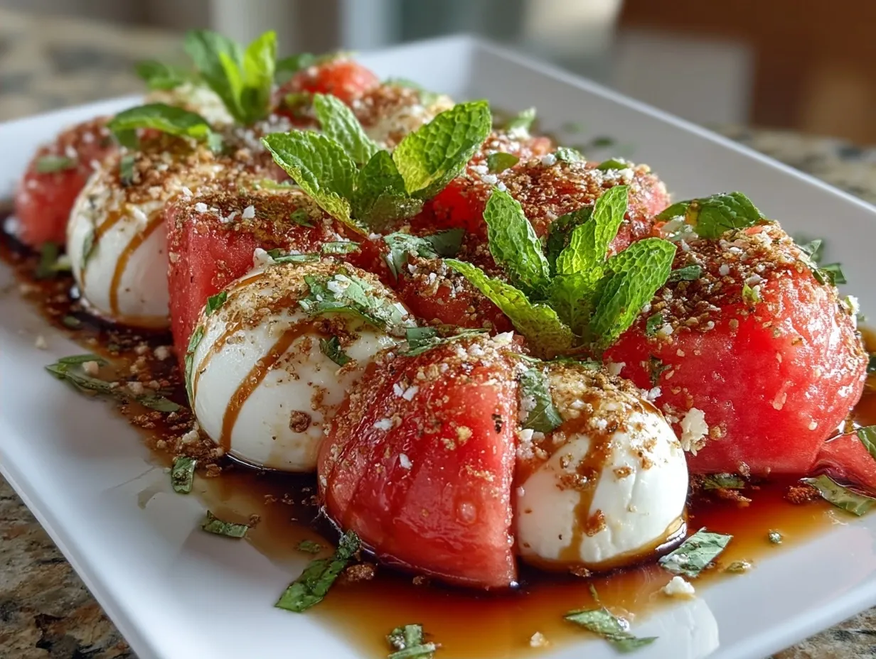 Chilled Watermelon Caprese Salad served on a platter for a summer meal