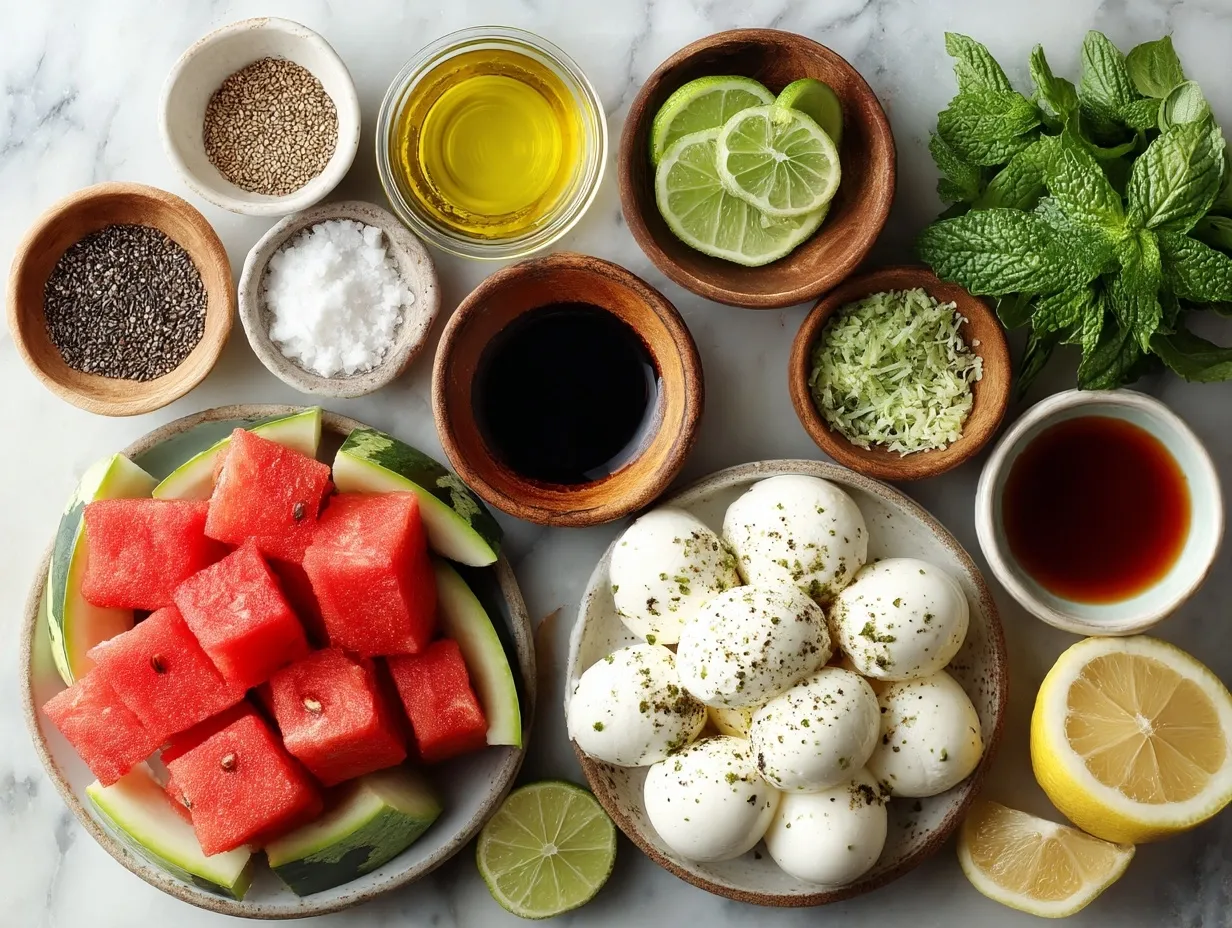 Fresh ingredients for Watermelon Caprese Salad including watermelon, mozzarella, basil, and balsamic glaze