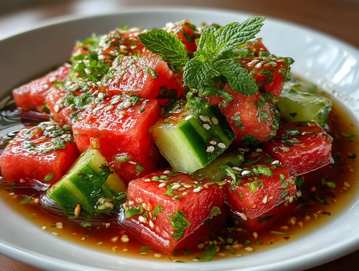 Serving Watermelon Cucumber Salad on a vibrant plate