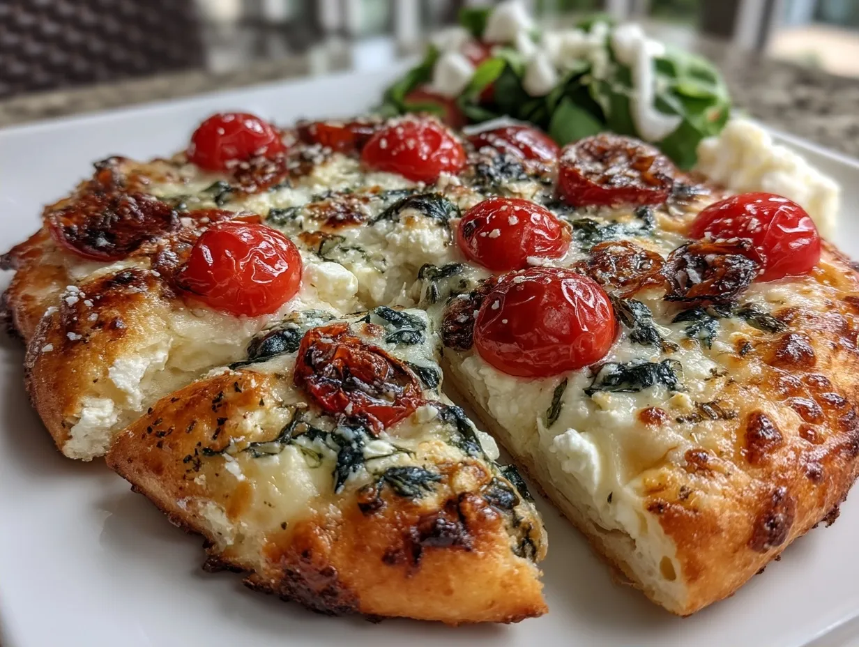 Freshly served White Garlic Ricotta Pizza with fresh herbs and sides