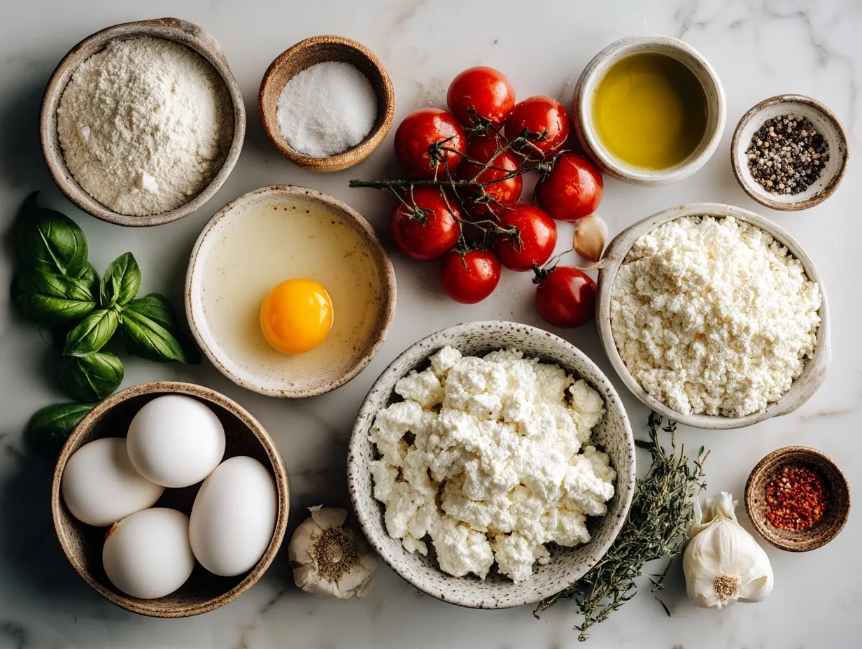 Ingredients for White Garlic Ricotta Pizza including ricotta cheese, garlic, olive oil, mozzarella, and fresh herbs