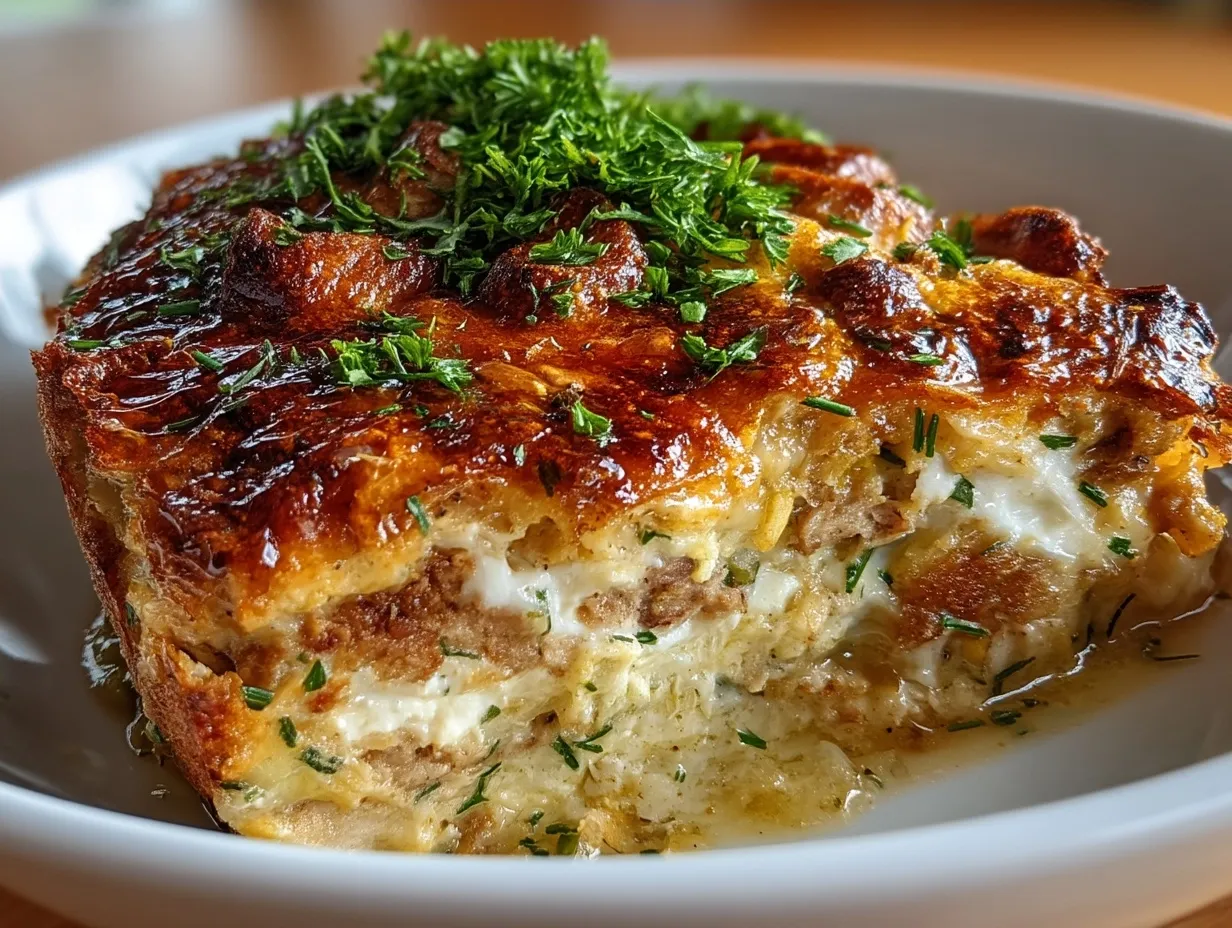 Serving Zucchini Turkey Casserole with fresh herbs and side salad