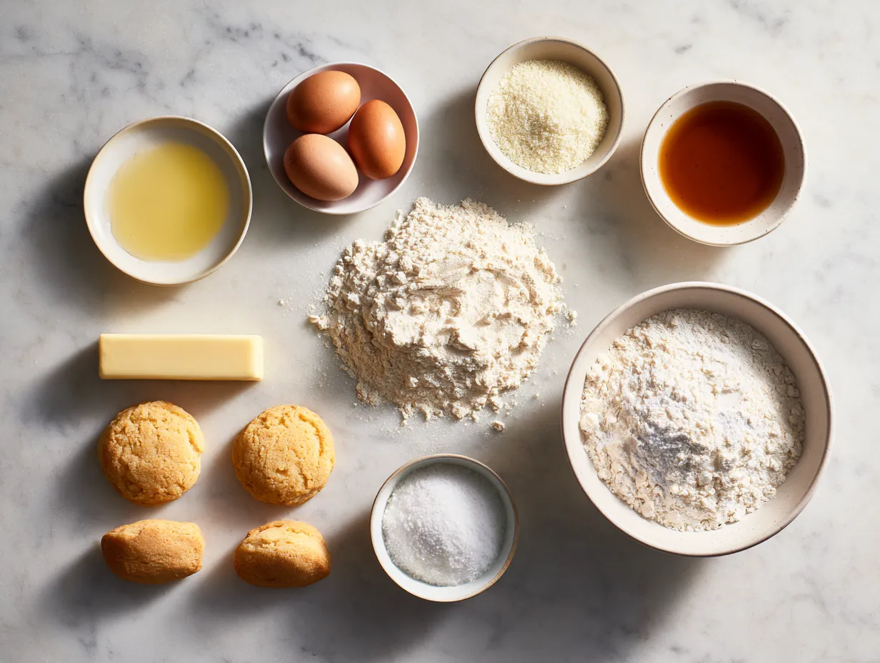 Ingredients for almond sugar cookies laid out on a table including almond flour, sugar, eggs, and butter