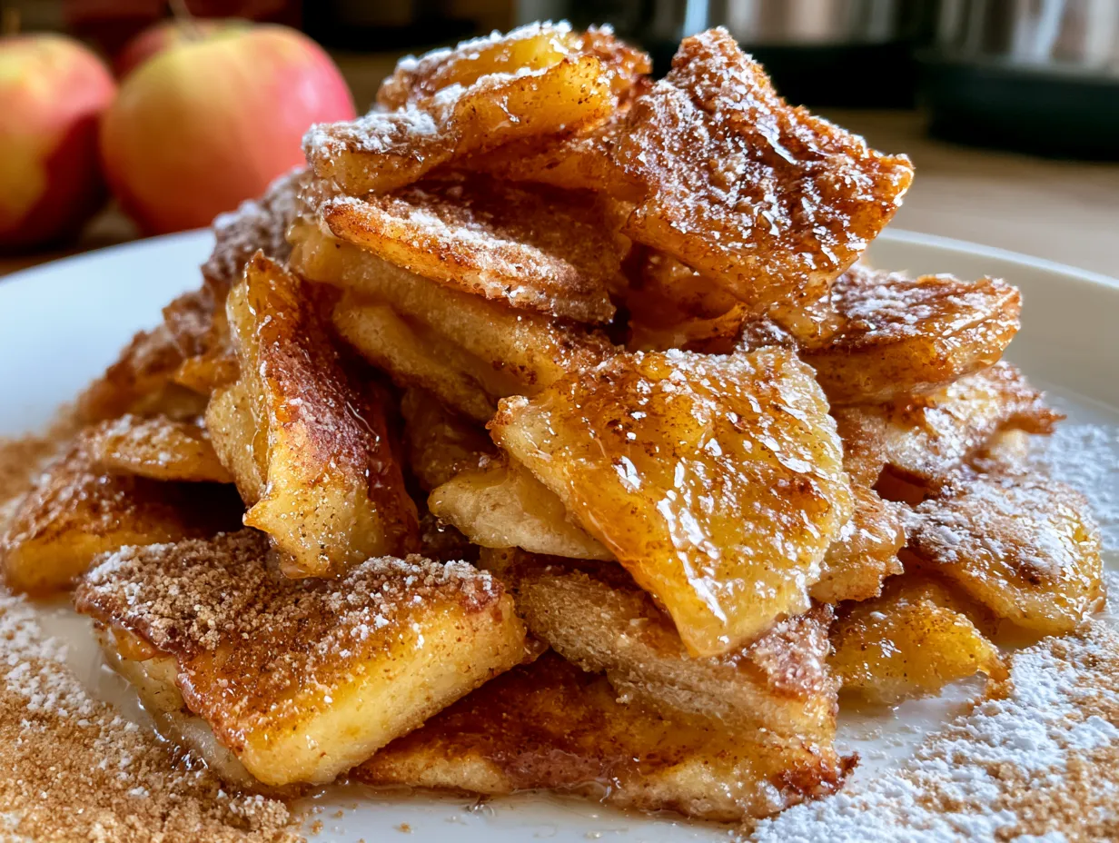 Serving suggestion of Apple Nachos on a plate with nuts and caramel drizzle