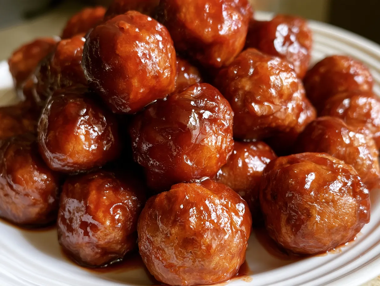 Served BBQ Crockpot Appetizer Meatballs garnished with fresh herbs and ready to enjoy