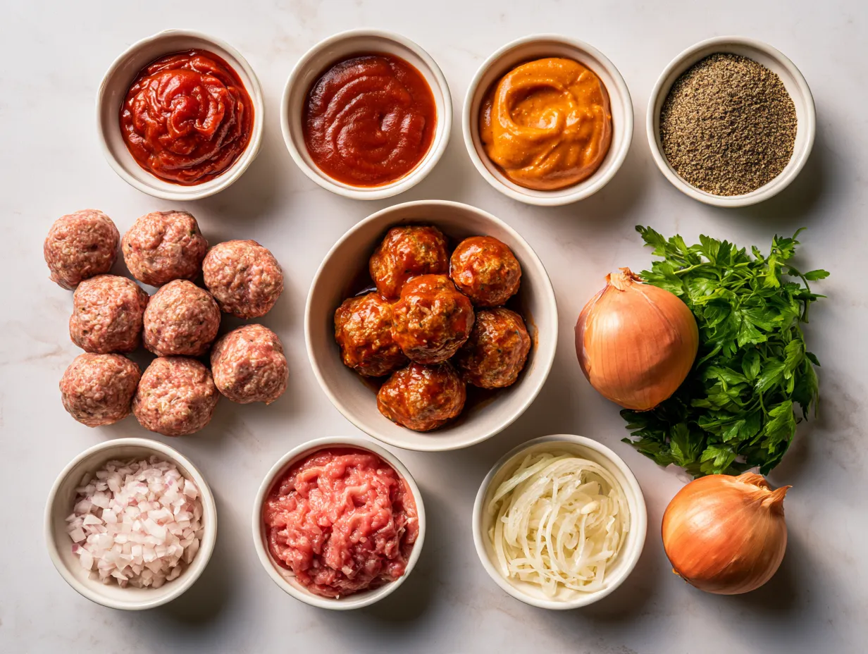 Ingredients for BBQ Crockpot Appetizer Meatballs including frozen meatballs, BBQ sauce, brown sugar, and apple cider vinegar