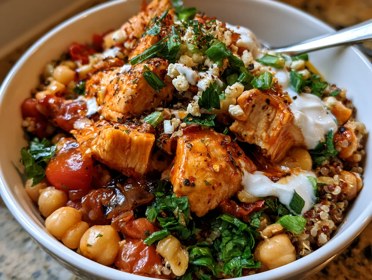 Buffalo Chicken Quinoa Bowl served in a bowl with garnish