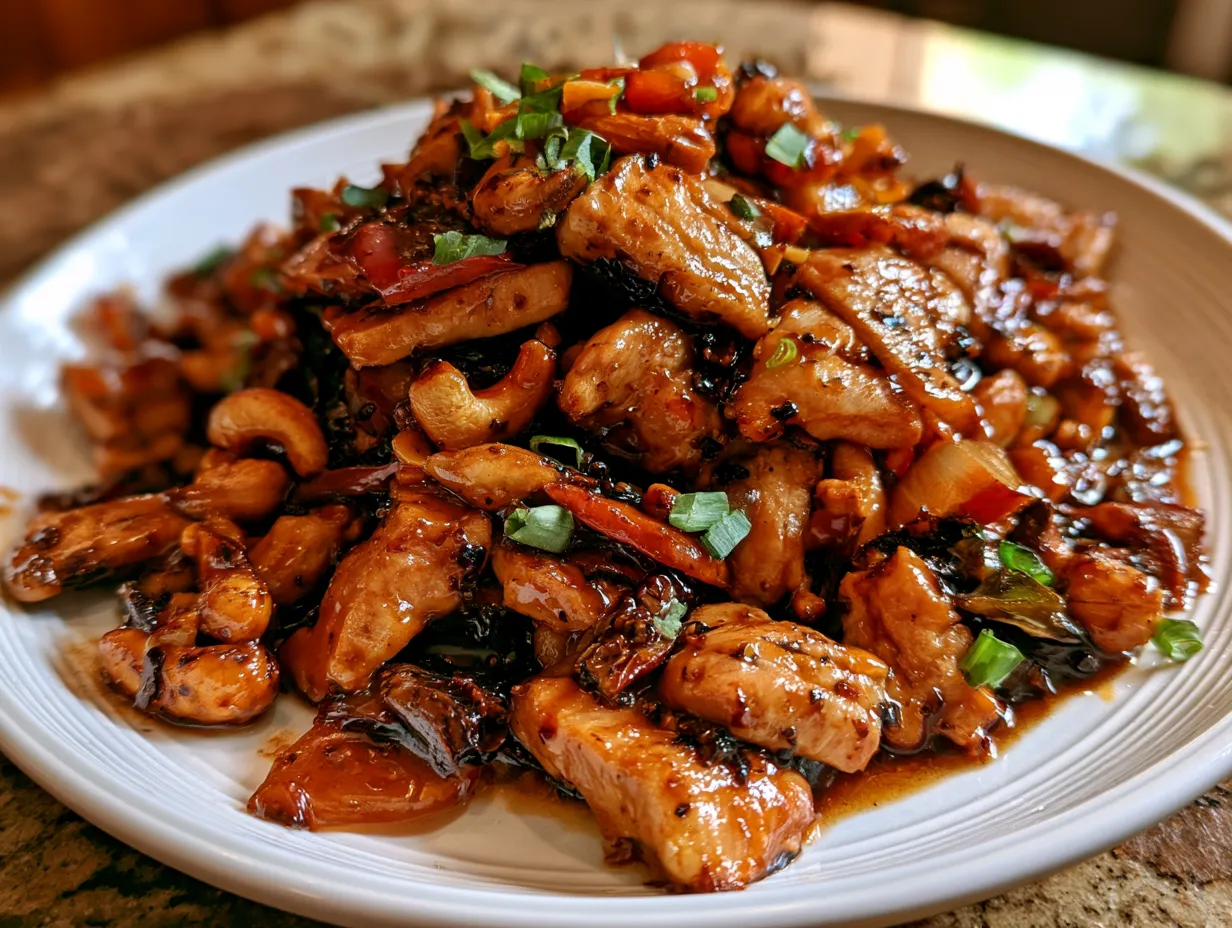 Served Cashew Chicken Stir Fry on a plate with rice and garnish