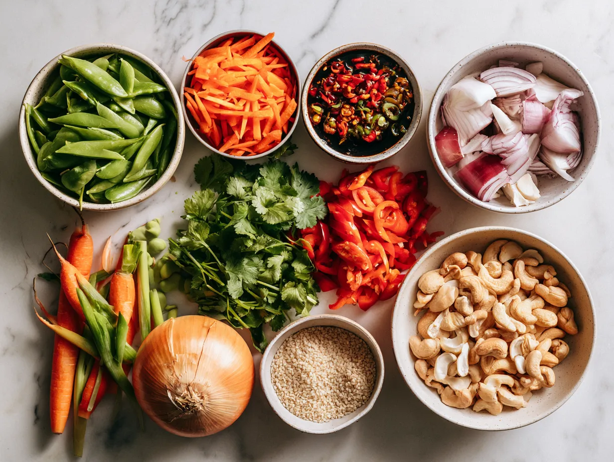 Ingredients for Cashew Chicken Stir Fry including chicken, cashews, broccoli, bell pepper, carrot, garlic, and sauces