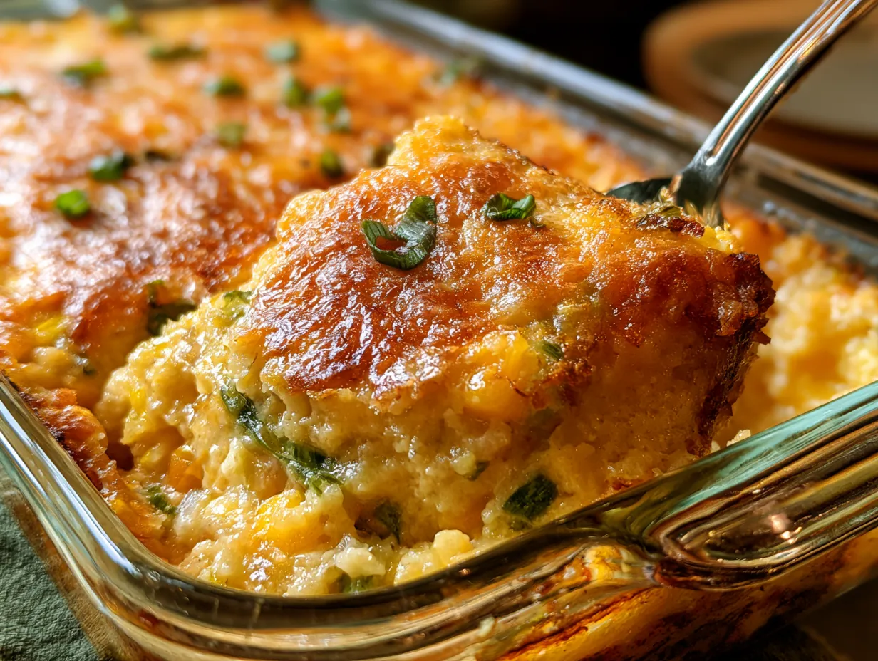 Serving Cheesy Jalapeno Corn Casserole hot and fresh