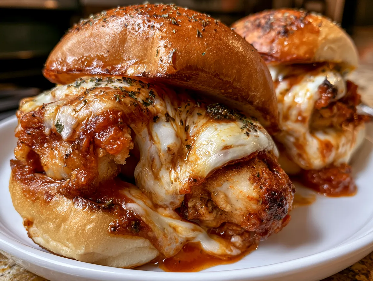 Freshly baked Chicken Parm Sliders served warm with melted cheese and marinara sauce